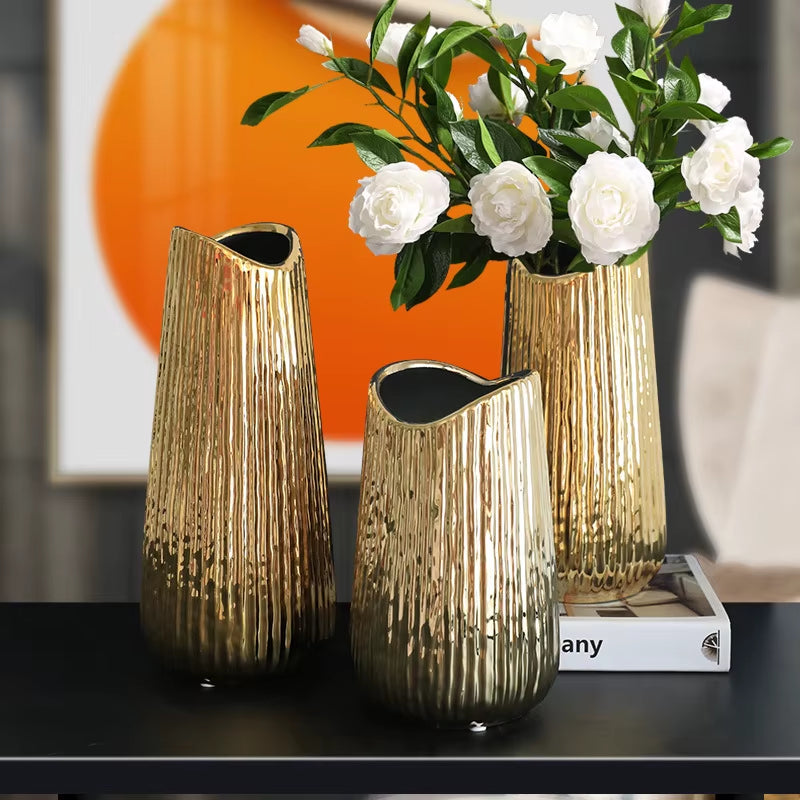Golden Ceramic Vase Home Decor Flower Arrangement Vase Living Room Decor Modern Wedding Decoration Ceramic Vases Gifts